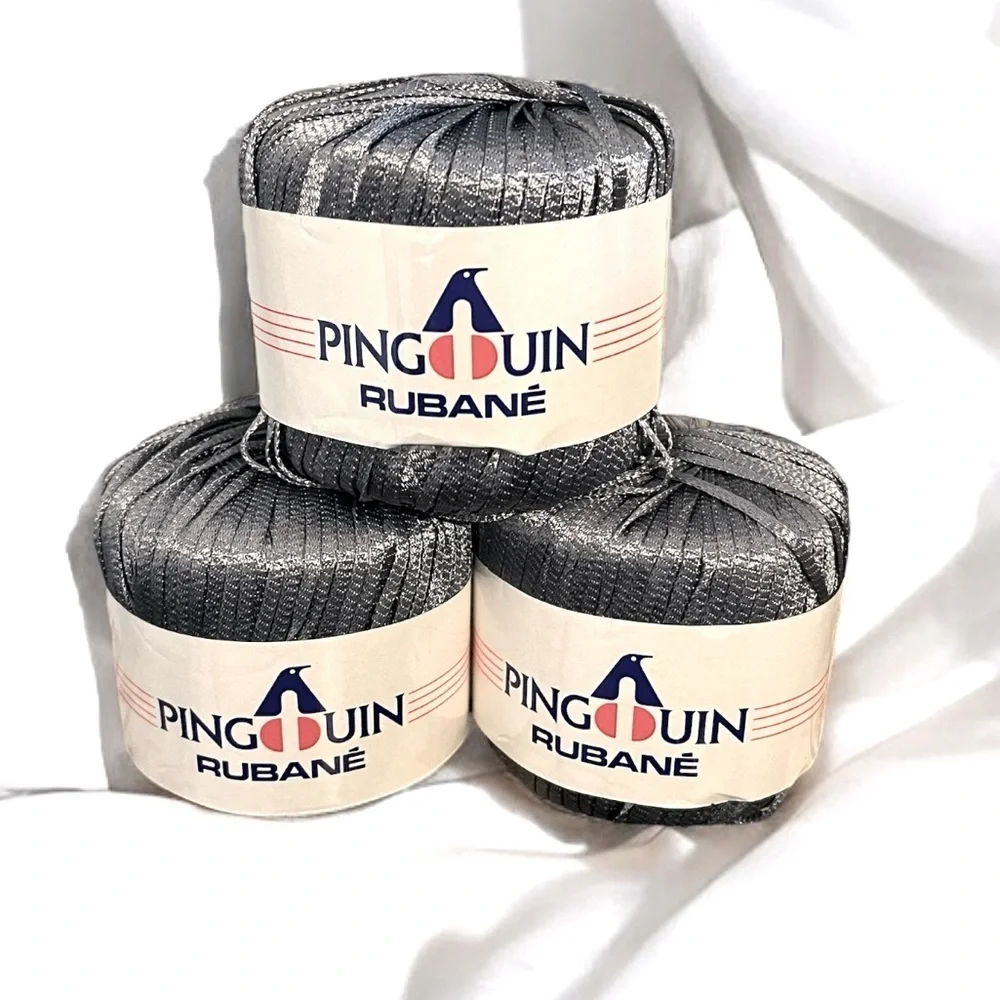 NWT PINGOUIN Rubané Polymide Ribbon Shiny DK 50g 75m - Dark Grey - 3 Skeins - Picture 6 of 6
